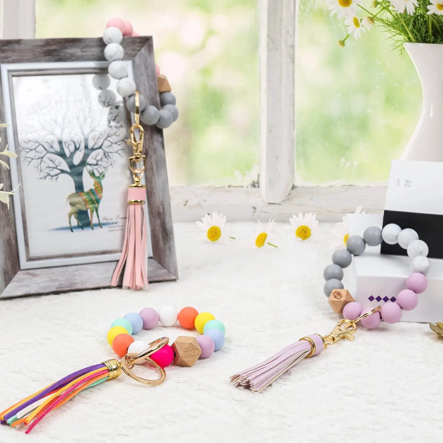 Silicone Key Ring Bracelets Wristlet Keychain Car Beaded Key Ring Bangle Chains for Women