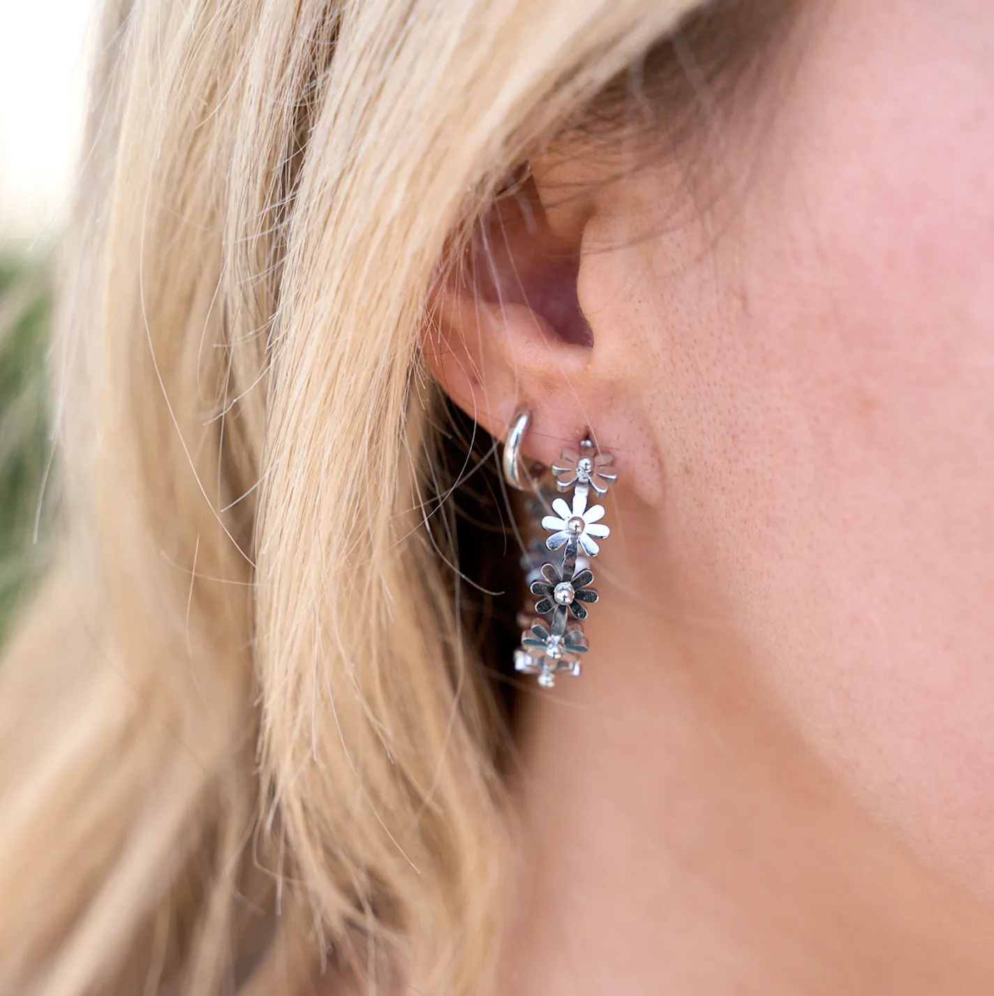 Silver Carly Daisy Hoops- Waterproof