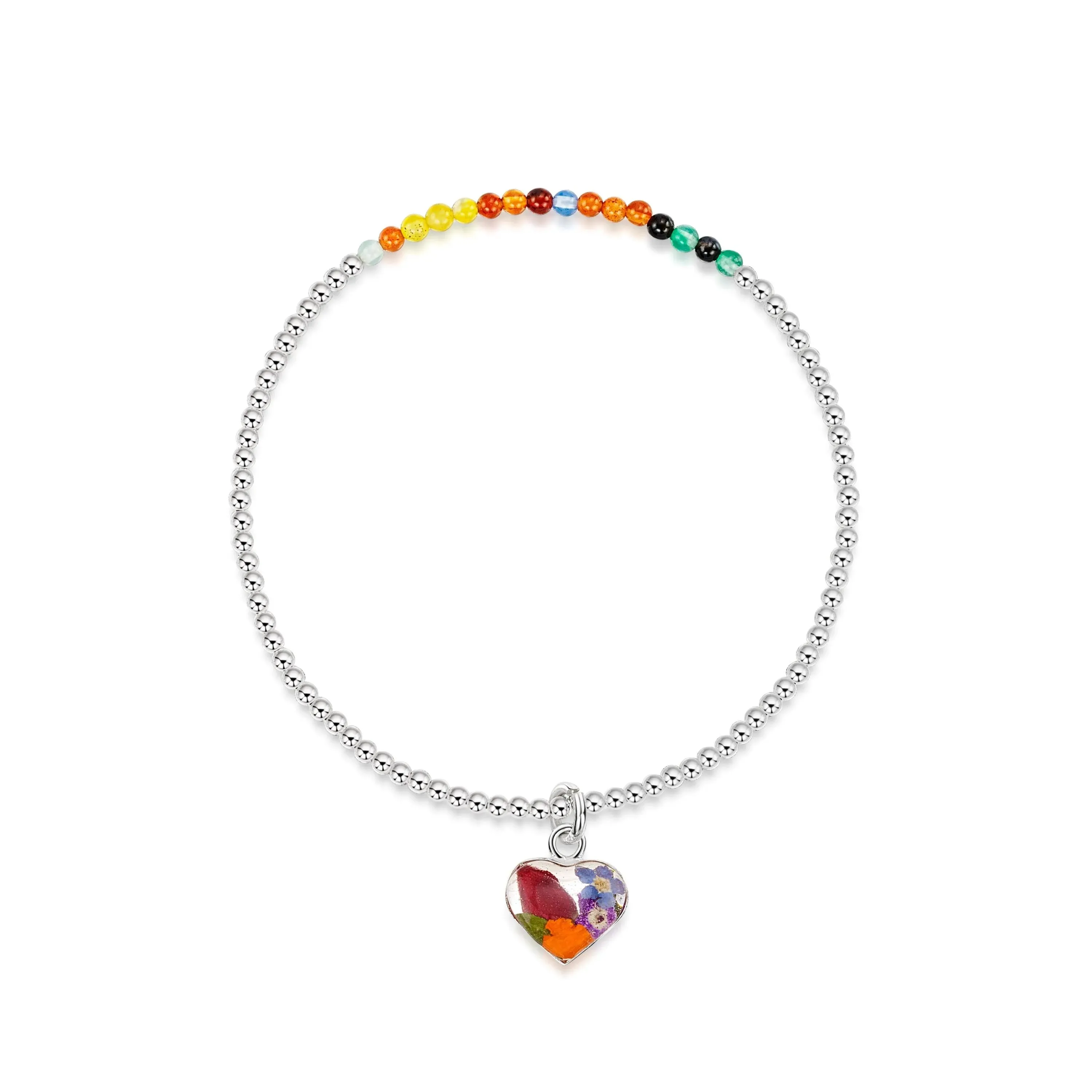 Sterling Silver Elasticated Beaded Bracelet - Mixed Agate Stone & Flowers Heart