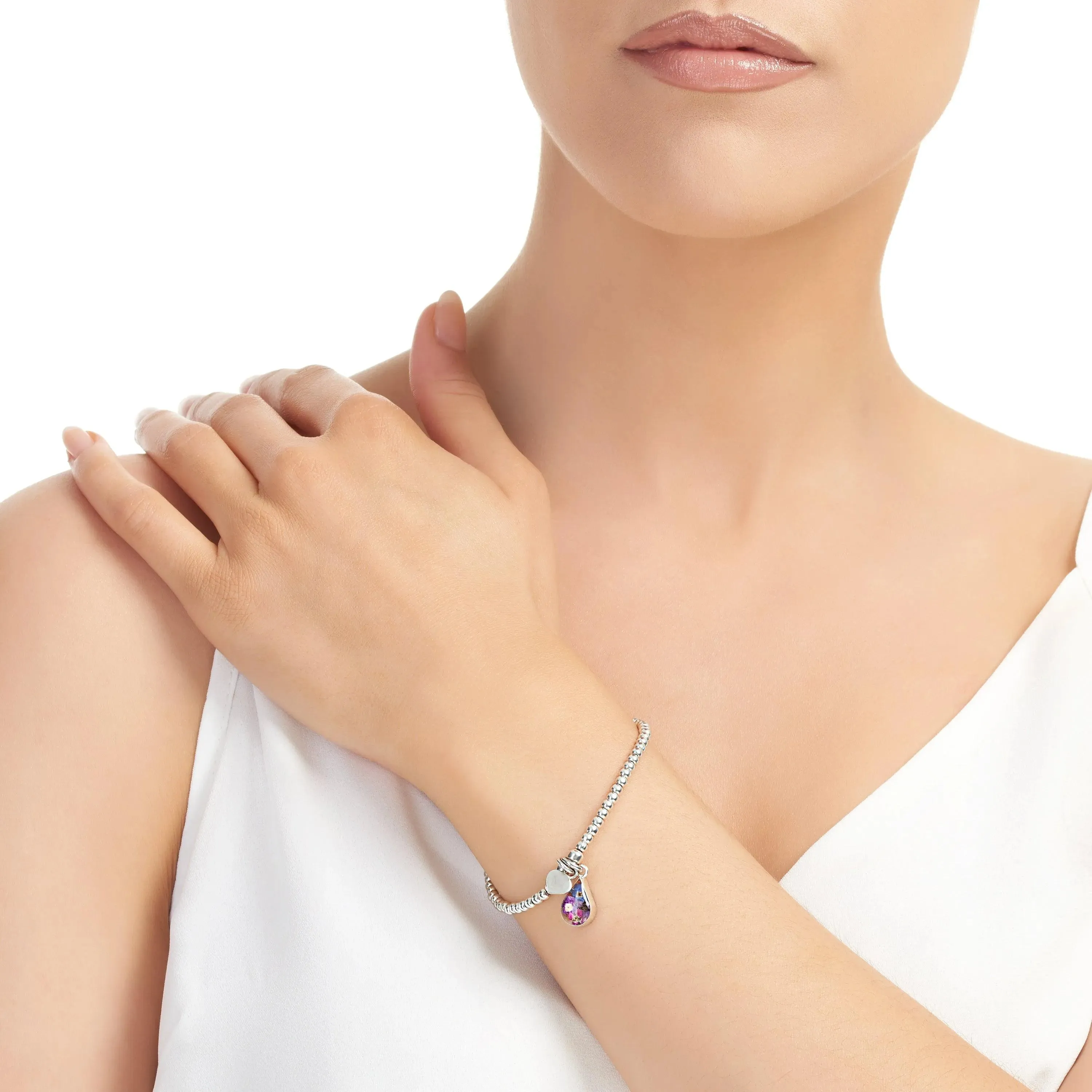 Sterling silver stretchy beaded bracelet with tiny purple flowers & forget-me-not