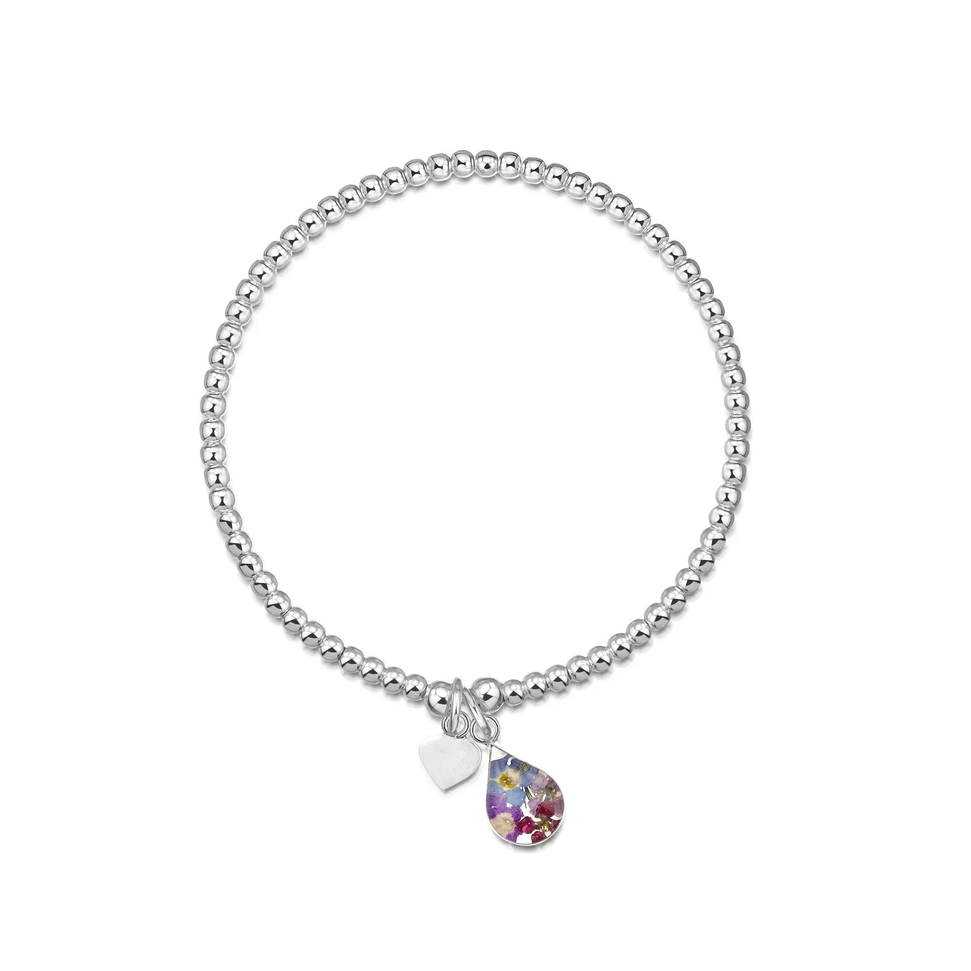 Sterling silver stretchy beaded bracelet with tiny purple flowers & forget-me-not