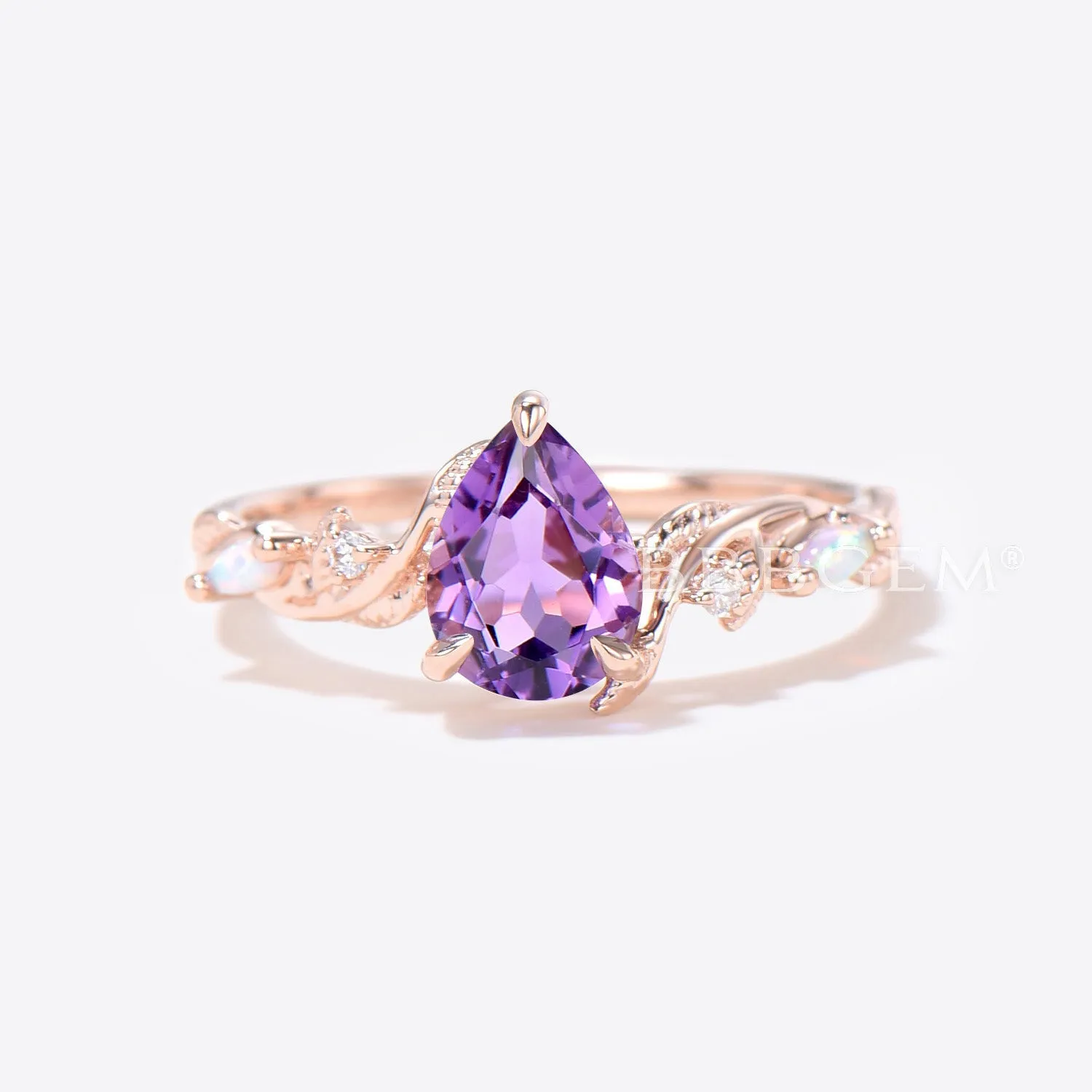 Twig Leaf Natural Amethyst Bridal Set 1.25ct Pear Shaped Amethyst Engagement Ring Purple Crystal Ring