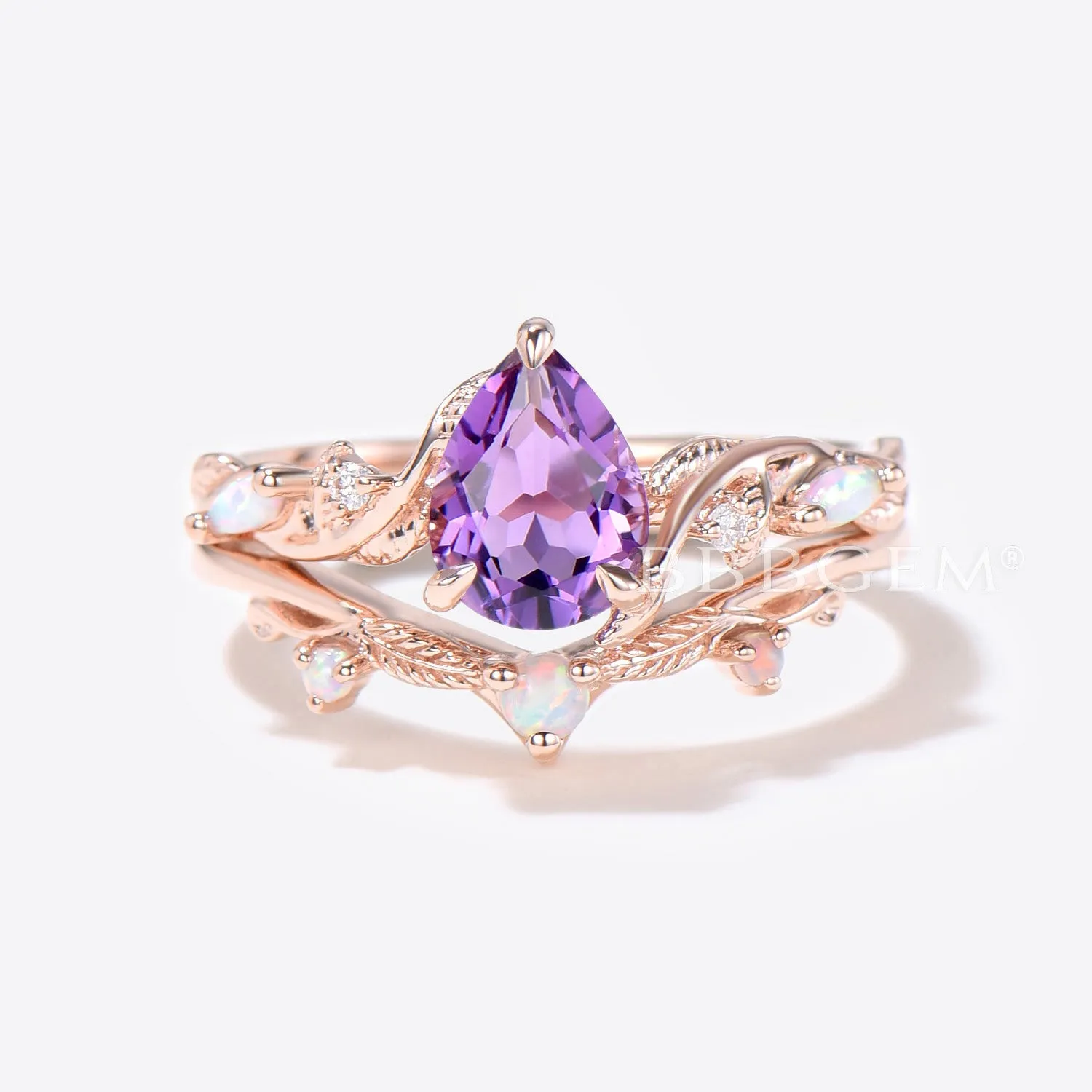 Twig Leaf Natural Amethyst Bridal Set 1.25ct Pear Shaped Amethyst Engagement Ring Purple Crystal Ring