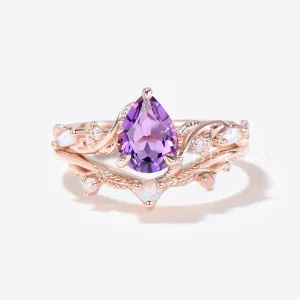 Twig Leaf Natural Amethyst Bridal Set 1.25ct Pear Shaped Amethyst Engagement Ring Purple Crystal Ring