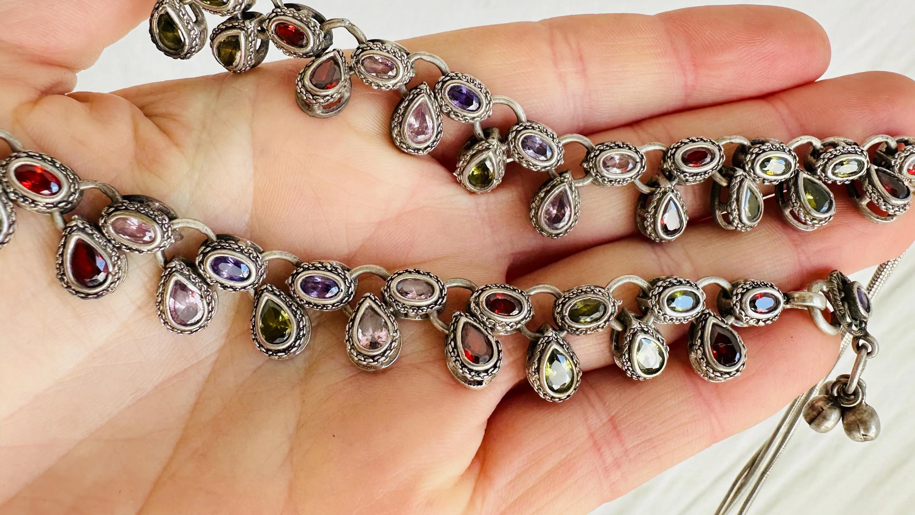 Vintage Pair of Indian Silver Anklets. Sterling Silver and Crystal Jewelry. So Beautiful! 4191