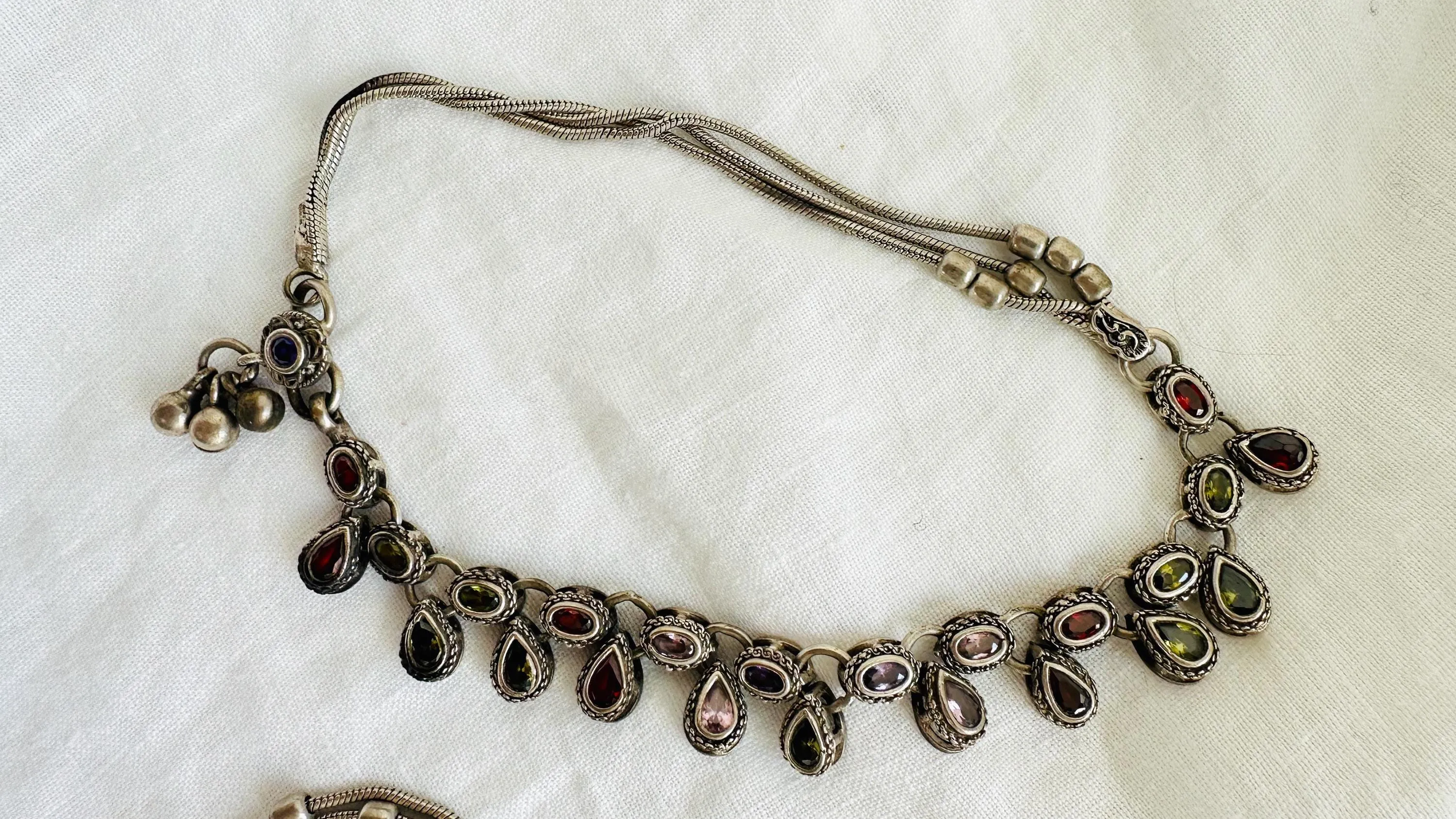 Vintage Pair of Indian Silver Anklets. Sterling Silver and Crystal Jewelry. So Beautiful! 4191