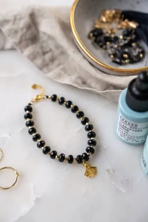 Xander Kostroma - Black Chalcedony Stone Bracelet for Women with Gold Tone Detail - Enhances Harmony and Elegance - Handcrafted Unique Jewelry - 17cm   Extender - Perfect Gift for Style and Balance