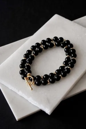 Xander Kostroma - Men's Gold Tone Black Onyx Double Wrap Crystal Bracelet - Enhances Protection and Healing - Handcrafted Unique Jewelry - 42cm Length - Perfect Gift for Elegance and Style